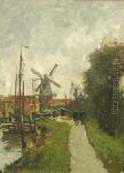 A Path By A Canal With A Windmill In The Distance Oil Painting by Frans Courtens