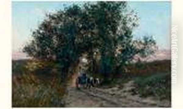 Attelage Dans Un Paysage Au Soleil Couchant Oil Painting by Frans Courtens