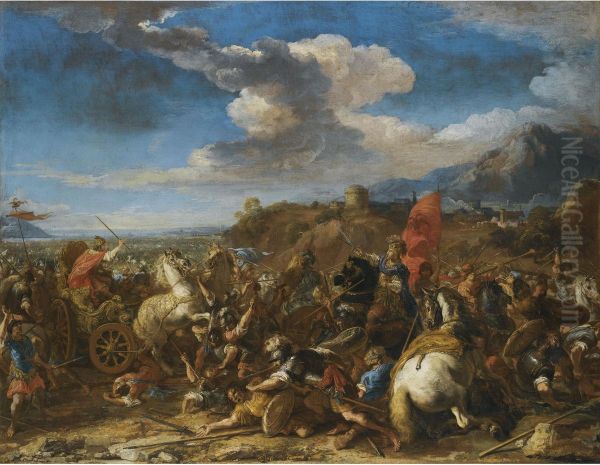 The Battle Of Issus: Alexander The Great's Army Defeats Darius And The Persians Oil Painting by Jacques Courtois Le Bourguignon