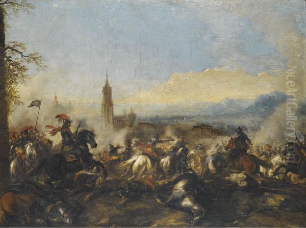 A Cavalry Engagement, A Cathedral Beyond Oil Painting by Jacques Courtois Le Bourguignon