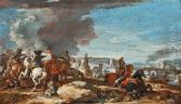 A Cavalry Skirmish Oil Painting by Jacques Courtois Le Bourguignon