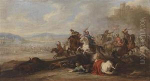 A Cavalry Engagement Between Christian Andottoman Soldiers Oil Painting by Jacques Courtois Le Bourguignon