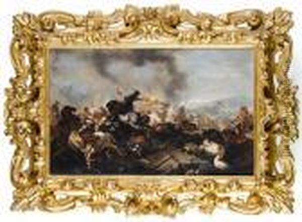 A Cavalry Battle Before An Open Landscape Oil Painting by Jacques Courtois Le Bourguignon