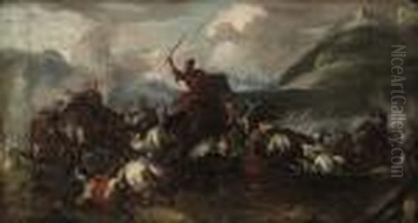 A Battle Scene With Cavalry And Cannon, A Hilltop Fortressbeyond Oil Painting by Jacques Courtois Le Bourguignon