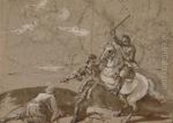 A Mounted Knight Attacked By Two Turkish Soldiers Oil Painting by Jacques Courtois Le Bourguignon