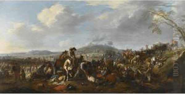 An Extensive Landscape With The Aftermath Of A Battle Oil Painting by Jacques Courtois Le Bourguignon