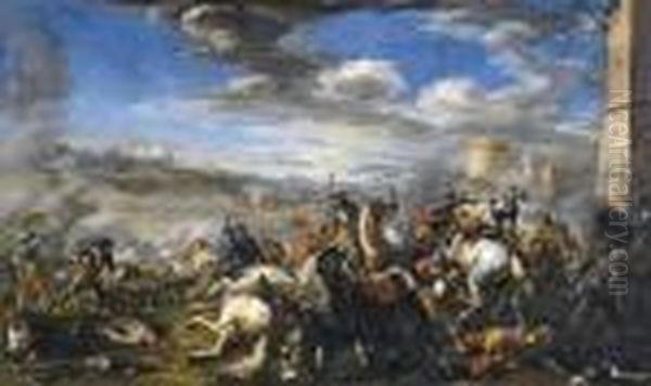 Battle Scene With Infantry, Cavalry And Cannon, A Fortress And A City Beyond Oil Painting by Jacques Courtois Le Bourguignon