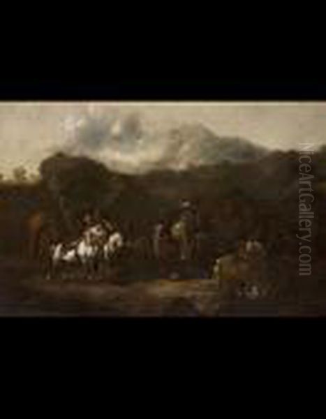 Paesaggio Con Cavalieri Oil Painting by Jacques Courtois Le Bourguignon