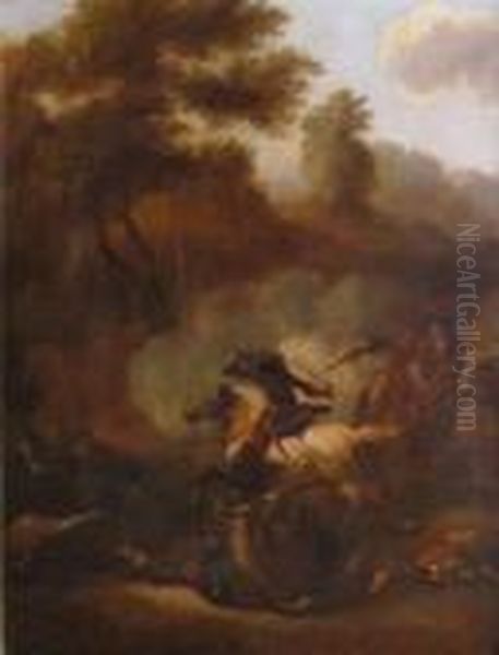 Military Skirmish Oil Painting by Jacques Courtois Le Bourguignon