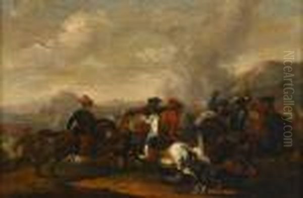 Military Skirmish Oil Painting by Jacques Courtois Le Bourguignon