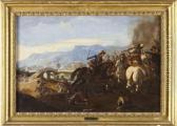 Battaglia Di Cavalieri Con Ponte E Citta Sullo Sfondo Oil Painting by Jacques Courtois Le Bourguignon