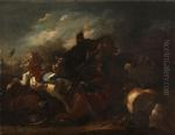 A Cavalry Engagement Oil Painting by Jacques Courtois Le Bourguignon