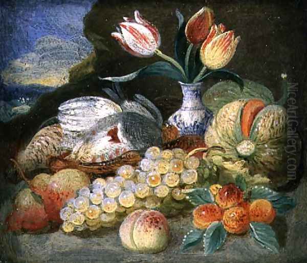 Still Life with Fruit and Parrot Tulips in a Vase Oil Painting by Jan Thomasz. van Kessel