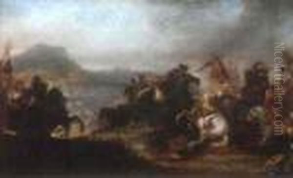 Called Burgognone A Cavalry Skirmish On A Hill Before An Extensive Landscape Oil Painting by Jacques Courtois Le Bourguignon