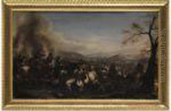 Scene Di Battaglia In Un Paesaggio Montuoso Oil Painting by Jacques Courtois Le Bourguignon