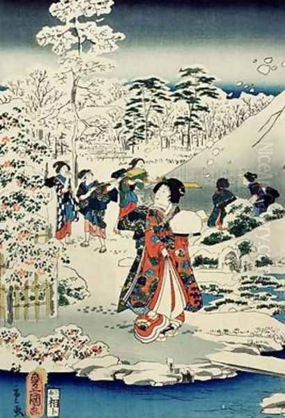 Maids in a snow covered garden Oil Painting by Utagawa (Toyokuni III) Kunisada