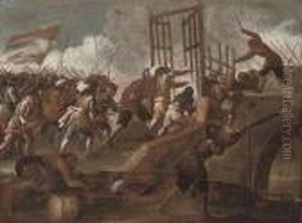 A Battle On A Bridge Oil Painting by Jacques Courtois Le Bourguignon