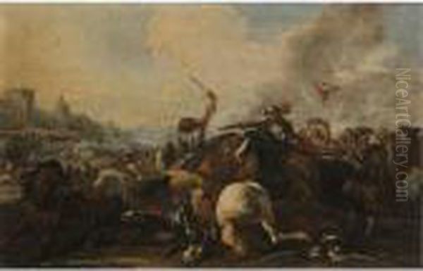 A Cavalry Battle Before A Fortified Town Oil Painting by Jacques Courtois Le Bourguignon