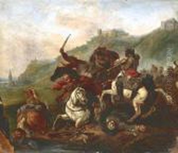 Cavalry Battle In The Mountains Oil Painting by Jacques Courtois Le Bourguignon