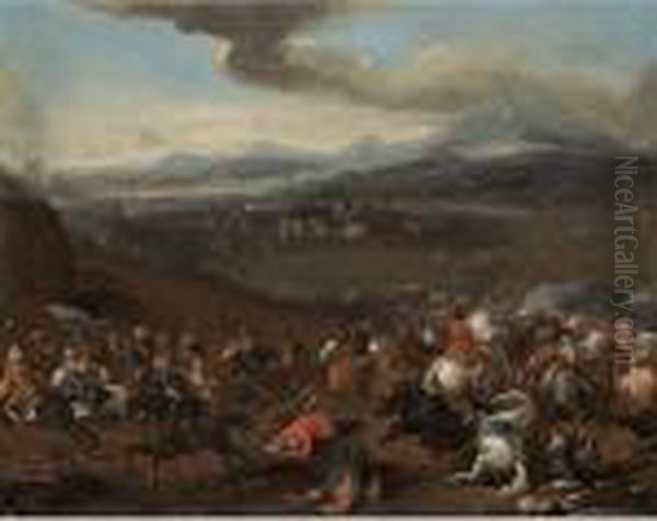 A Cavalry Skirmish On The Hills Above A Walled Town Oil Painting by Jacques Courtois Le Bourguignon