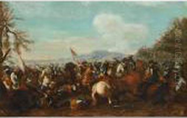 A Cavalry Battle Scene Oil Painting by Jacques Courtois Le Bourguignon