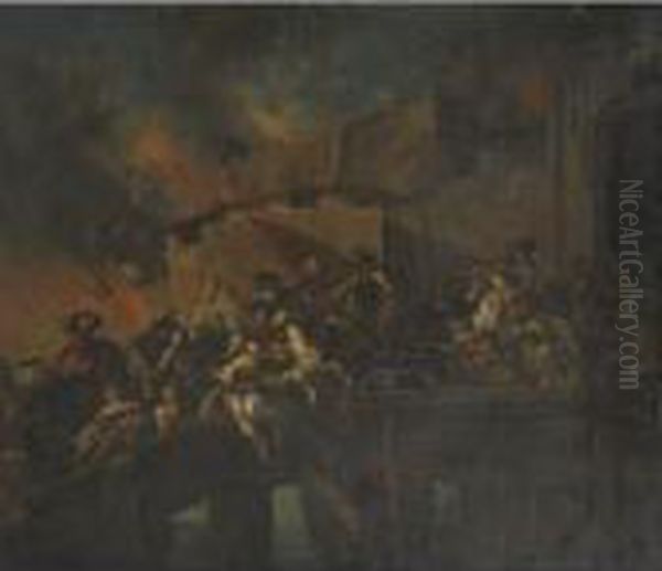 Attack Of The Turks Oil Painting by Jacques Courtois Le Bourguignon