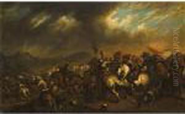 A Cavalry Skirmish Oil Painting by Jacques Courtois Le Bourguignon