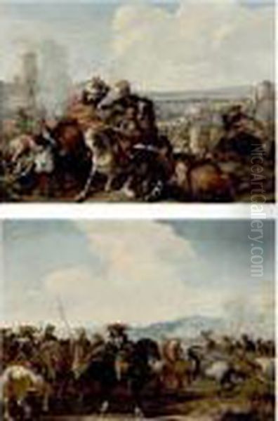 Cavalry Engagements Oil Painting by Jacques Courtois Le Bourguignon