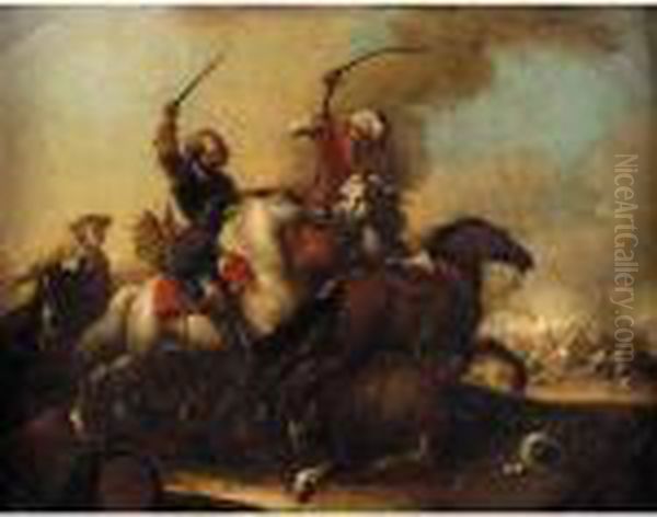 A Cavalry Skirmish Oil Painting by Jacques Courtois Le Bourguignon