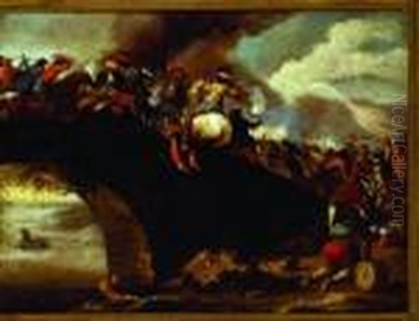 Cavalry Battle On The Bridge Oil Painting by Jacques Courtois Le Bourguignon