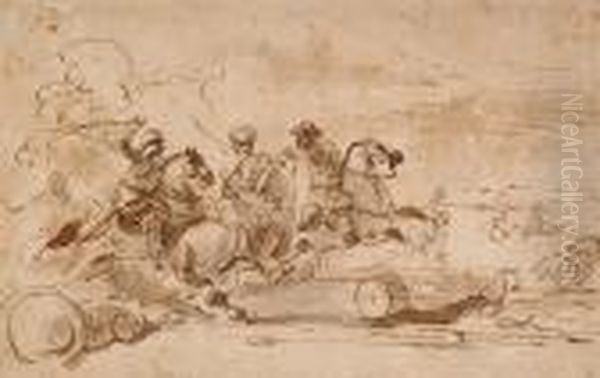 Sketch For A Battle Scene With Three Horsemen With Sabres Drawn Oil Painting by Jacques Courtois Le Bourguignon