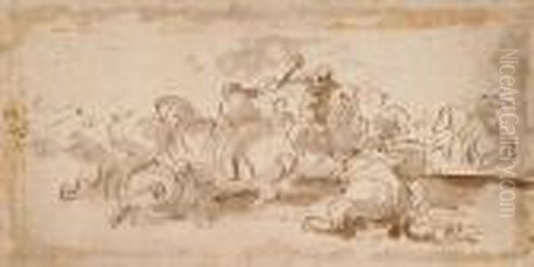 Sketch For A Battle Scene Oil Painting by Jacques Courtois Le Bourguignon