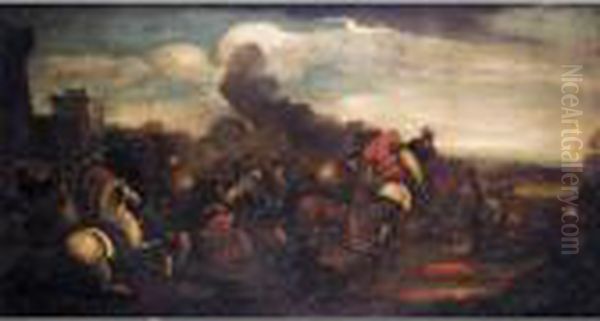 A Battle Scene With Cavaliers And Infantry Fighting Before A Fortified Town Oil Painting by Jacques Courtois Le Bourguignon