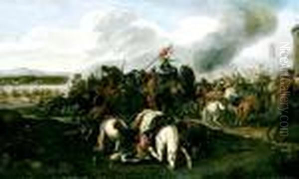 Combat De Cavalerie Sous Les Murs D'une Ville. Oil Painting by Jacques Courtois Le Bourguignon