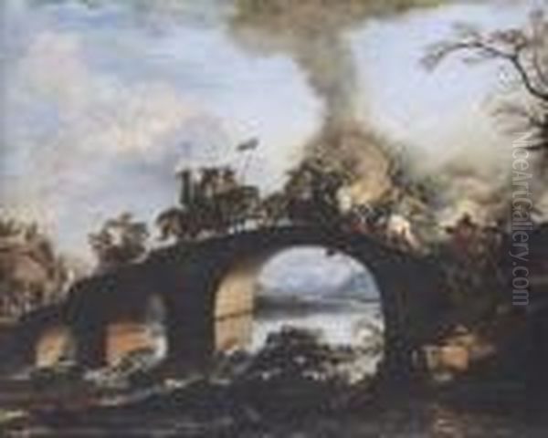 Cavalry Skirmish On A Bridge Oil Painting by Jacques Courtois Le Bourguignon