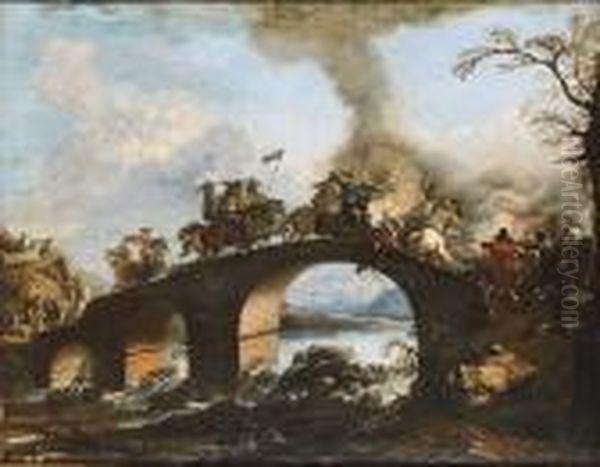 A Cavalry Skirmish On A Bridge Oil Painting by Jacques Courtois Le Bourguignon