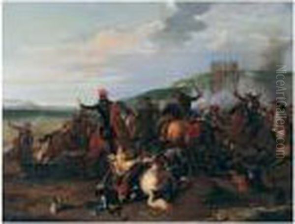 A Cavalry Skirmish Oil Painting by Jacques Courtois Le Bourguignon