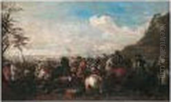 A Cavalry Battle Oil Painting by Jacques Courtois Le Bourguignon