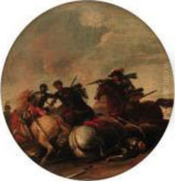 Cavalry Engagements Oil Painting by Jacques Courtois Le Bourguignon