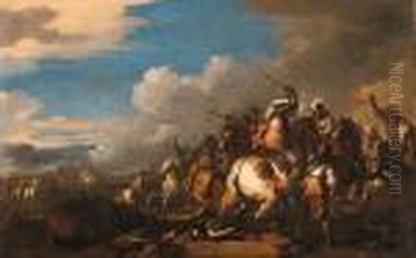 A Cavalry Battle Oil Painting by Jacques Courtois Le Bourguignon