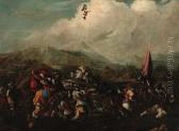 A Cavalry Battle Oil Painting by Jacques Courtois Le Bourguignon