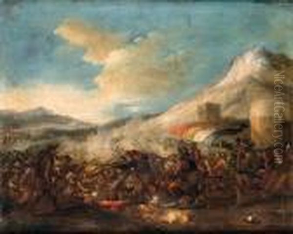 An Infantry Battle In A Mountainous Landscape Oil Painting by Jacques Courtois Le Bourguignon