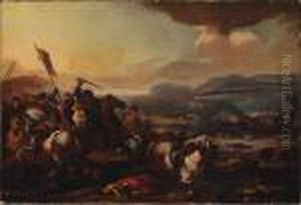 A Cavalry Battle Between Turks And Christians Oil Painting by Jacques Courtois Le Bourguignon