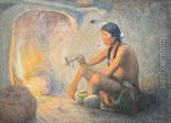 Indian With Pipe By Fireplace Oil Painting by Eanger Irving Couse