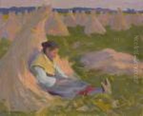 Peasant Girl Seated On Shocks Of Grain Oil Painting by Eanger Irving Couse