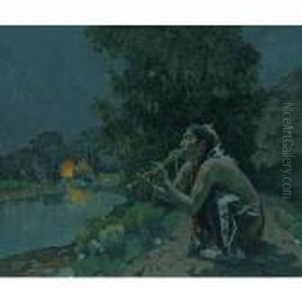 Flute Song Moonlight Oil Painting by Eanger Irving Couse