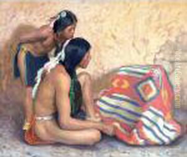 Indian Boy And Brave Looking At A Blanket Oil Painting by Eanger Irving Couse