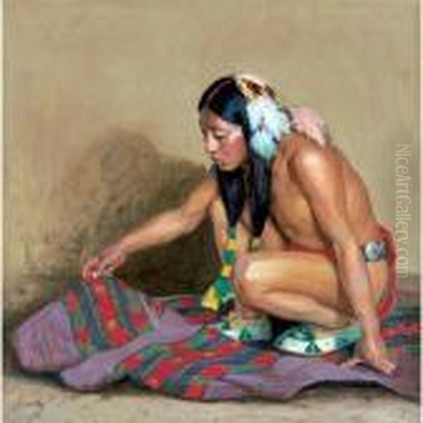 Indian Examining A Blanket Oil Painting by Eanger Irving Couse