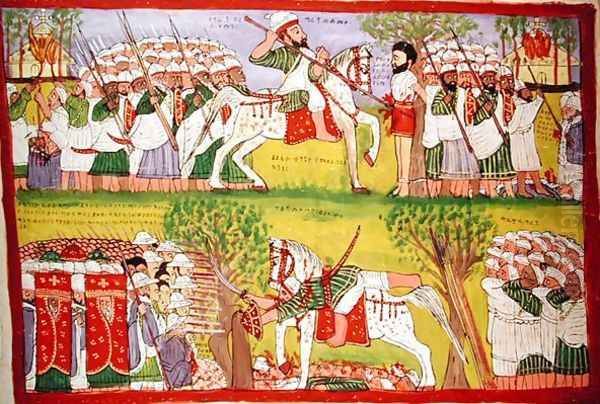 Burning of Churches by Muslims and the Death of Cristobal de Gama and the Fall and Death of Ahmed ibn Ibrahim al Ghazi 1506-43 Shot by a Portuguese Musketeer Oil Painting by Jemlieri Hailu of Gondar Kegneketa