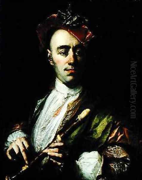 Portrait of a Recorder Player Oil Painting by Johann Kupezky or Kupetzky